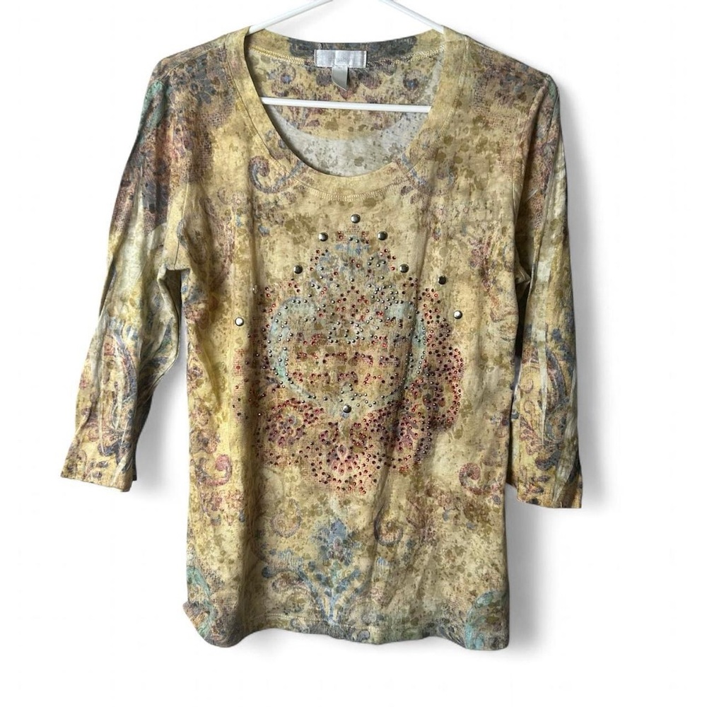 Dressbarn Women’s Large Yellow Paisley Embellished Long Sleeve Top
